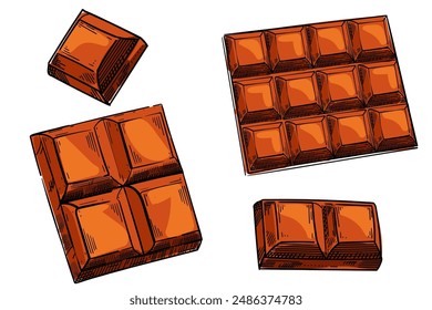 Set of hand drawn sweet chocolate bar. Colored sketch vector illustration isolated on white background