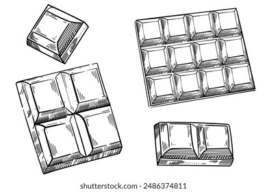 Set of hand drawn sweet chocolate bar. Monochrome sketch vector illustration isolated on white background