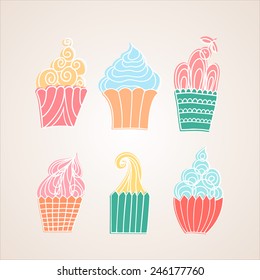 Set of hand drawn sweet cupcakes. White contours cupcakes on a colored background.