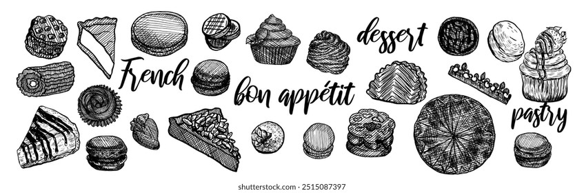 Set of hand drawn sweet dessert food. French Bakery pastry collection with traditional clip art bundle. Vintage vector illustration.