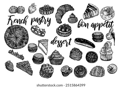 Set of hand drawn sweet dessert food. French Bakery pastry collection with traditional clip art bundle. Vintage vector illustration.
