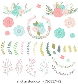 Set of hand drawn sweet floral element. Floral wreath. Vector illustration.