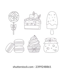 Set of Hand drawn sweet food, Desserts. Lollipop, popsicle, macaroons, cupcake, cake, jam. Outline doodle vector black and white illustration isolated on a white background.