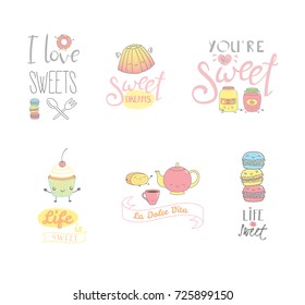 Set of hand drawn sweet food doodles, with kawaii cartoon faces, typography elements, Italian text La dolce vita (Sweet life). Isolated objects on white background. Design concept dessert, kids.