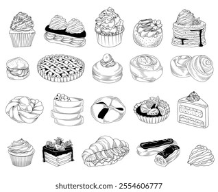 Set of hand drawn sweet pastry illustration (cakes, desserts, muffins, eclair, buns, pie), vector line drawing isolated illustration of sweet food