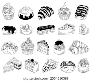 Set of hand drawn sweet pastry illustration (cakes, desserts, muffins, eclair, buns), vector line drawing isolated illustration of sweet food