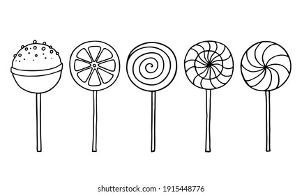 Set of hand drawn sweet sweets. Lollipops are round. One is in the shape of an orange. For the menu, holiday, party. Vector illustration in doodle outline style.