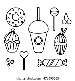 Set of hand drawn sweets bakery cafe. Black and white. Vector illustration. The best for design, textiles, posters, tattoos, corporate identity, coloring book