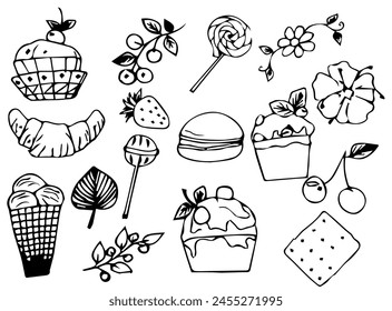 Set of hand drawn sweets. Black and white sweets, cakes and dough products. Vector illustration isolated on white background.