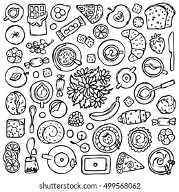 Set hand drawn sweets and dessert doodles. White and black coloring page. Sketch of food objects and kitchen equipment. Flat lay composition