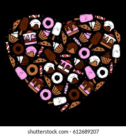 Set of hand drawn sweets and dessert food inside  shape of heart 