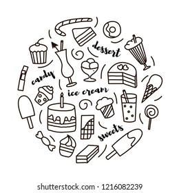 Set with hand drawn sweets in doodle style and lettering. Suitable for icons, templates, cafe and coffee shop menu.
