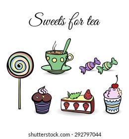 Set with hand drawn sweets for tea on the white background. Vector illustration