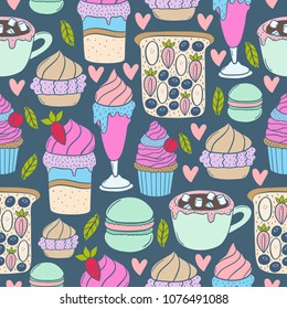 Set of hand drawn sweets vector seamless pattern. Design elements. Sweets and desserts. repeatable background.