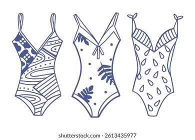 Set of hand drawn swimsuits with blue pattern for summer and beach holidays. Sketch.