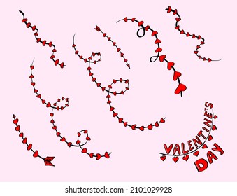 Set of hand drawn swirl ornaments with hearts. Valentine's day design elements. Arrows of Cupid. Vector illustration.