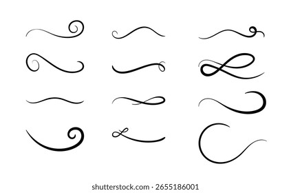 Satz handgezeichneter wirbelnder Linien und kalligraphischer Elemente