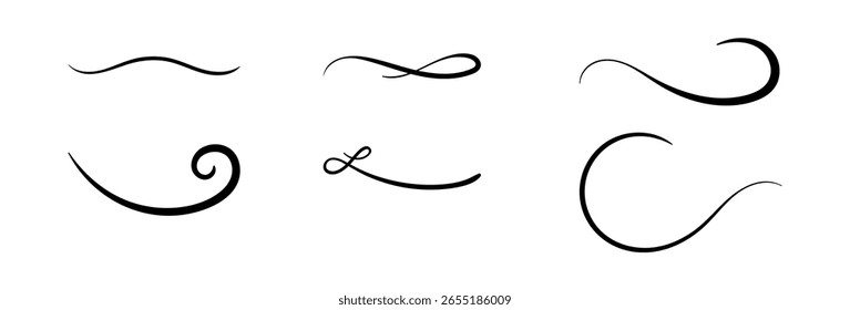 conjunto de linhas giratórias desenhadas à mão e elementos caligráficos