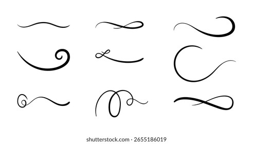 Satz handgezeichneter wirbelnder Linien und kalligraphischer Elemente