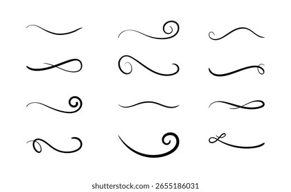 Satz handgezeichneter wirbelnder Linien und kalligraphischer Elemente