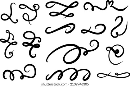 Set of hand drawn Swirls, lettering and calligraphy decoration, squiggles. Vector ink swirl and freeform swoop