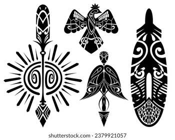 Satz handgezeichnet Symbol mit Feder, Adler, Pfeil, Sonne. Tattoo-Set