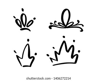 Set of hand drawn symbol of a stylized crown. Drawn with a black ink and brush. Vector illustration isolated on white. Logo design. Grunge brush stroke