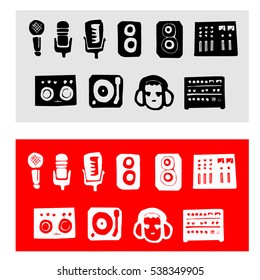 Set of hand drawn symbols about recording sound studio stuff, sound icons