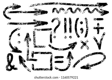 Set of hand drawn symbols. Crayon drawn set of various arrows and marks. Design elements isolated. Monochrome artistic notes.