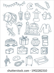 Set of hand drawn symbols and icons for holy Muslim festival Eid ul-Fit. Set of vector doodle element related to Eid Mubarak. 