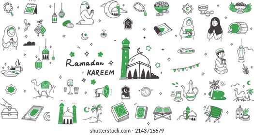 Set of hand drawn symbols and icons for holy Muslim festival Ramadan. Set of vector doodle element related to holly Ramadan. 