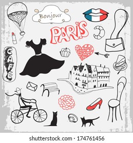 set of hand drawn symbols of Paris