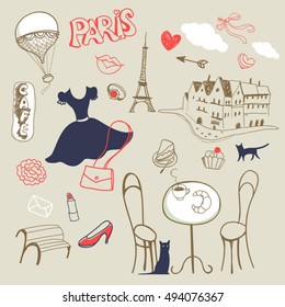 set of hand drawn symbols of Paris