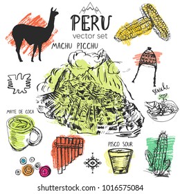 Set Of Hand Drawn Symbols Of Peru. Typical Peruvian Culture Elements With Splash Of Color On The Background.