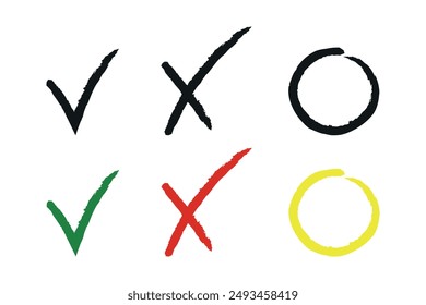 Conjunto de símbolos dibujados a mano para la selección. Marca de verificación verde, cruz roja y círculo amarillo. Ilustración vectorial