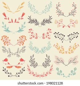 Set of hand drawn  symmetrical floral graphic design elements in retro style. Pastel backdrop. Illustration vector.