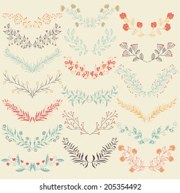 Set of hand drawn symmetrical floral graphic design elements in retro style. Pastel backdrop. Retro colors.  Illustration vector.