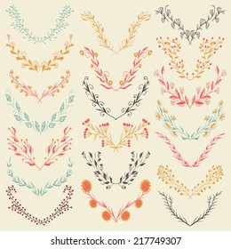 Set of hand drawn symmetrical floral graphic design elements in retro style. Pastel backdrop. Illustration vector.