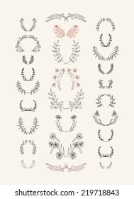 Set of hand drawn  symmetrical floral graphic design elements in retro style. Pastel backdrop. Illustration vector.