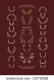 Set of hand drawn  symmetrical floral graphic design elements in retro style. Pastel backdrop. Illustration vector.