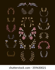Set of hand drawn  symmetrical floral graphic design elements in retro style. Pastel backdrop. Illustration vector. Black background.