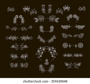 Set of hand drawn  symmetrical floral graphic design elements in retro style.  Illustration vector. Black background.