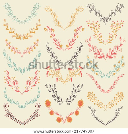 Set of hand drawn symmetrical floral graphic design elements in retro style. Pastel backdrop. Illustration vector.