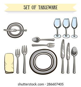 Set of hand drawn tableware. Vector illustration. 10 EPS