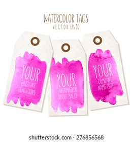 Set of hand drawn tags with watercolor background. Vector eps 10 illustration. Labels of a traditional form with empty space for text.