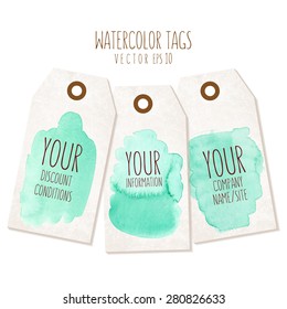 Set of hand drawn tags with watercolor background. Vector eps 10 illustration. Labels of a traditional form with empty space for text.