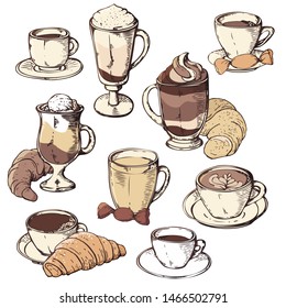 Set of hand drawn  tasty desserts and different types of coffee: glace, latte, mocha, cappuccino, raf coffee, americano, espresso. Elements isolated on white for cafe menu. 