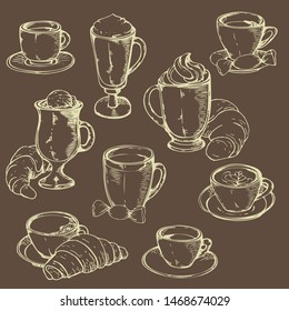 Set of hand drawn  tasty desserts and different types of coffee: glace, latte, mocha, cappuccino, raf coffee, americano, espresso. Design for cafe menu.  Brown and white.