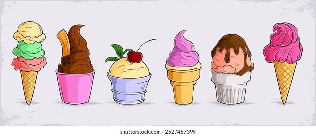 Conjunto de cones de sorvete saborosos desenhados à mão e potes com diferentes sabores deliciosos isolados 