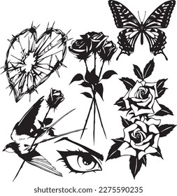 conjunto de dibujos a mano Tattoo Vector Artwork.Gráficos artesanales Tattoo Vector